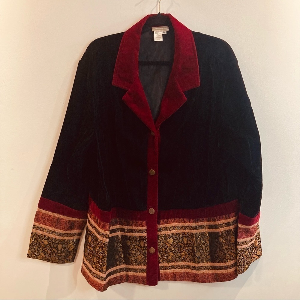 COLDWATER CREEK 2X Boho Black Velvet Velour Art to Wear Lagenlook Jacket